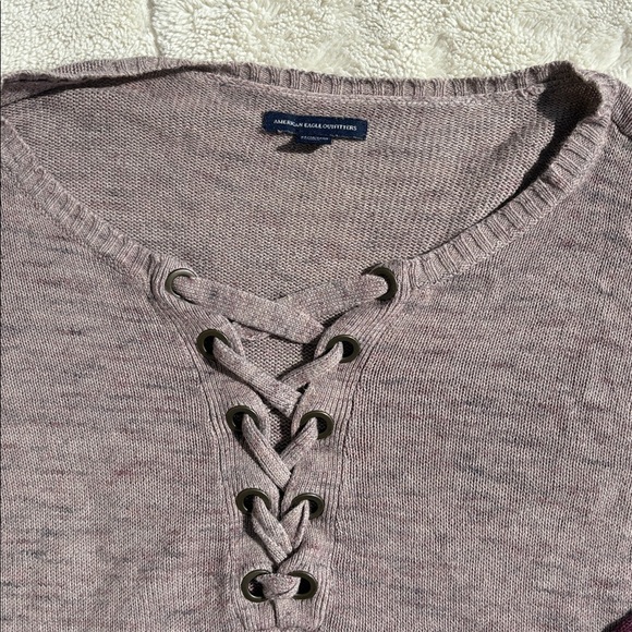 American Eagle Ombré Lace-Up Sweater – Size XS | Cozy Knit | Burgundy Fade | - Picture 2 of 5